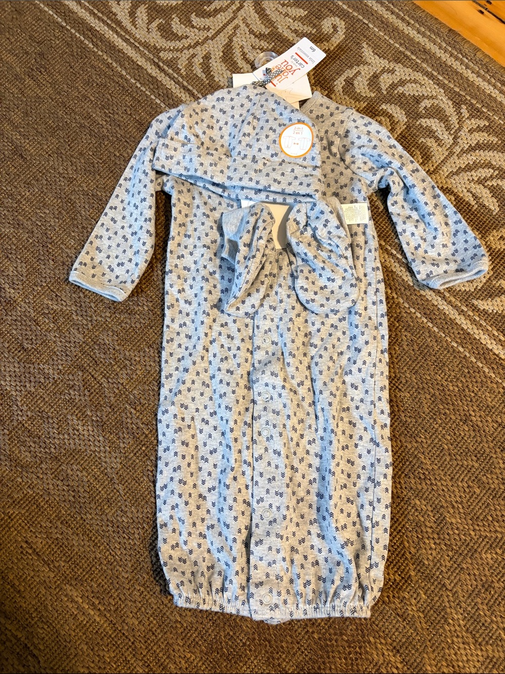 Carter's Light grey Long-Sleeve Sleep Sack with Navy Print. W Booties and hat